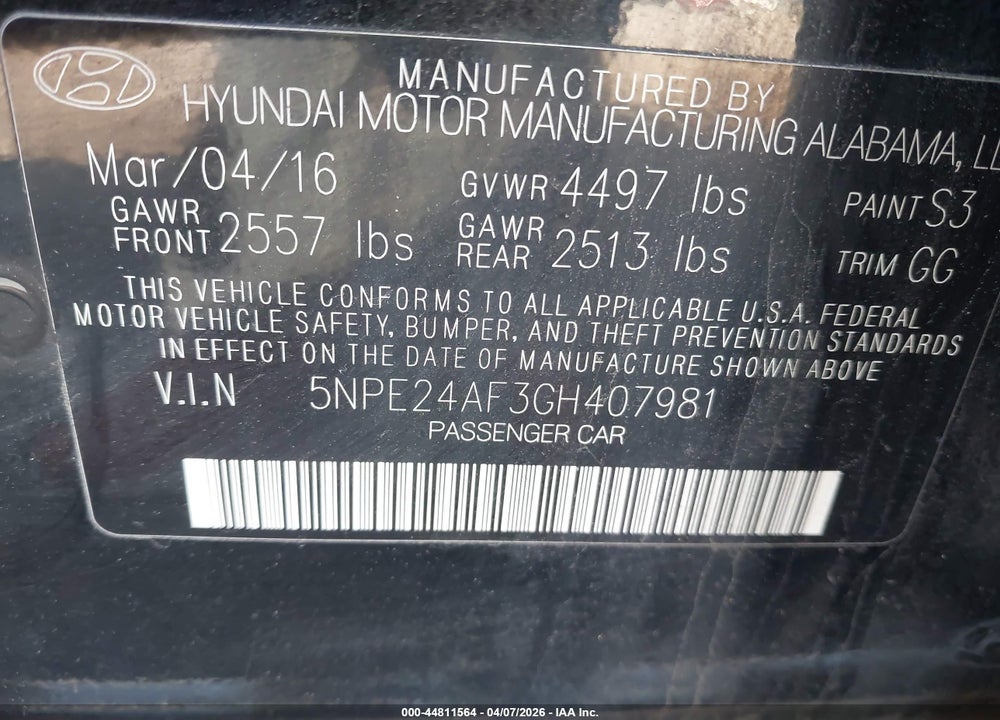 2016 HYUNDAI SONATA SE VIN: 5NPE24AF3GH407981