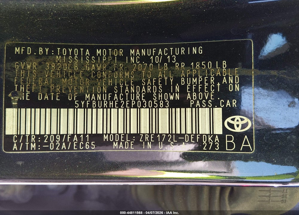 2014 TOYOTA COROLLA L VIN: 5YFBURHE2EP030583