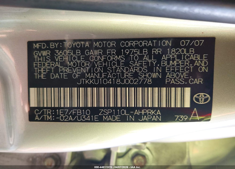 2008 SCION XD VIN: JTKKU10418J002778