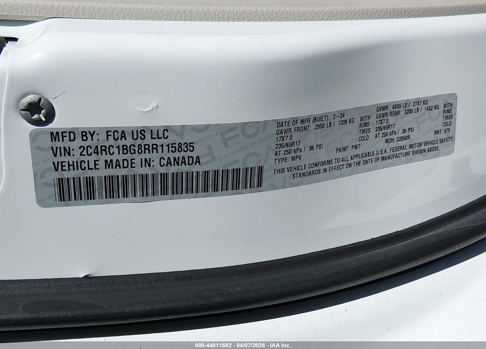 2024 CHRYSLER PACIFICA TOURING L VIN: 2C4RC1BG8RR115835
