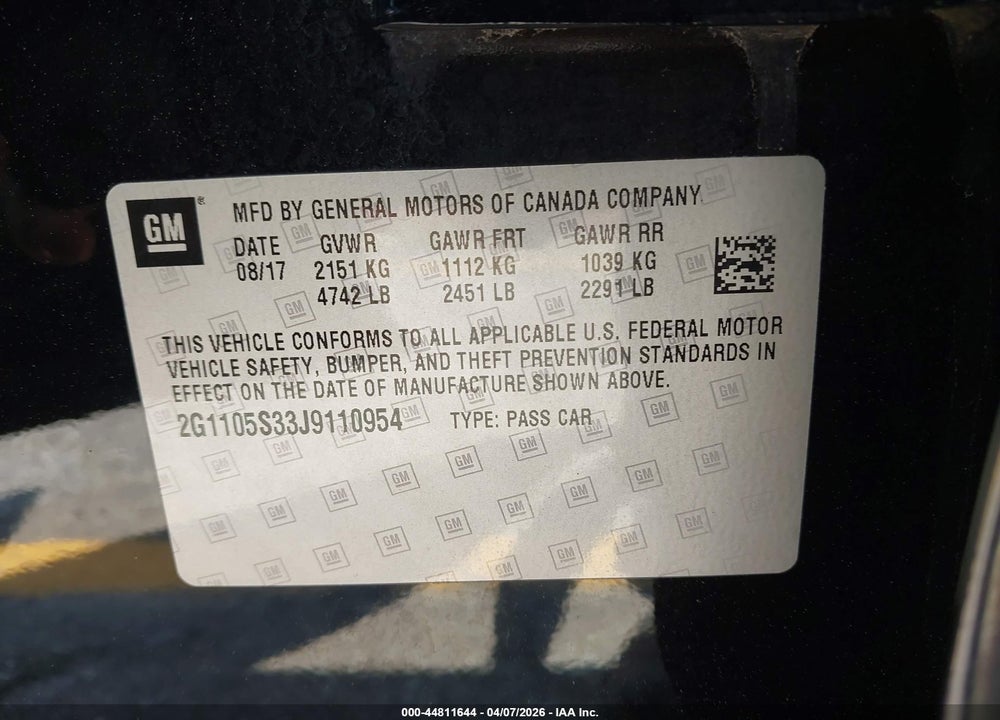 2018 CHEVROLET IMPALA 1LT VIN: 2G1105S33J9110954