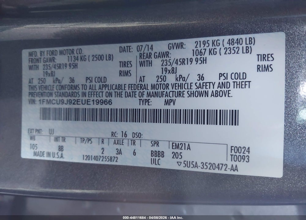 2014 FORD ESCAPE TITANIUM VIN: 1FMCU9J92EUE19966