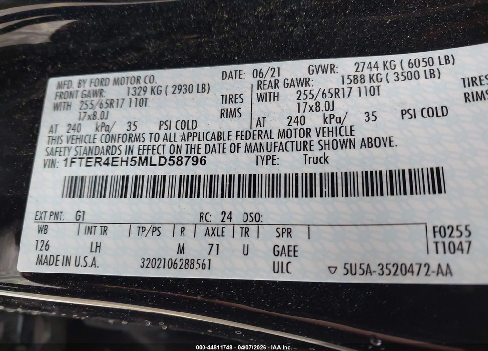 2021 FORD RANGER XLT VIN: 1FTER4EH5MLD58796