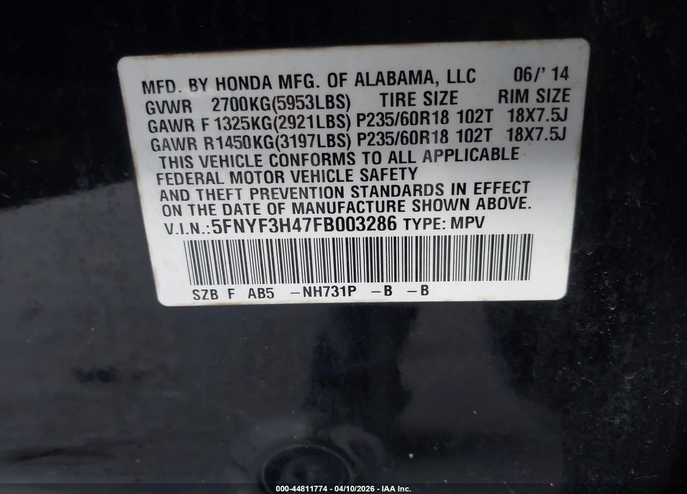 2015 HONDA PILOT EX VIN: 5FNYF3H47FB003286