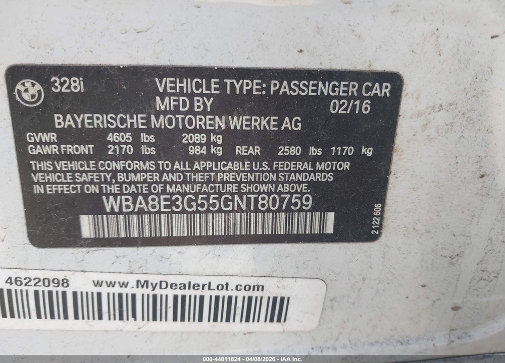 2016 BMW 328I XDRIVE VIN: WBA8E3G55GNT80759