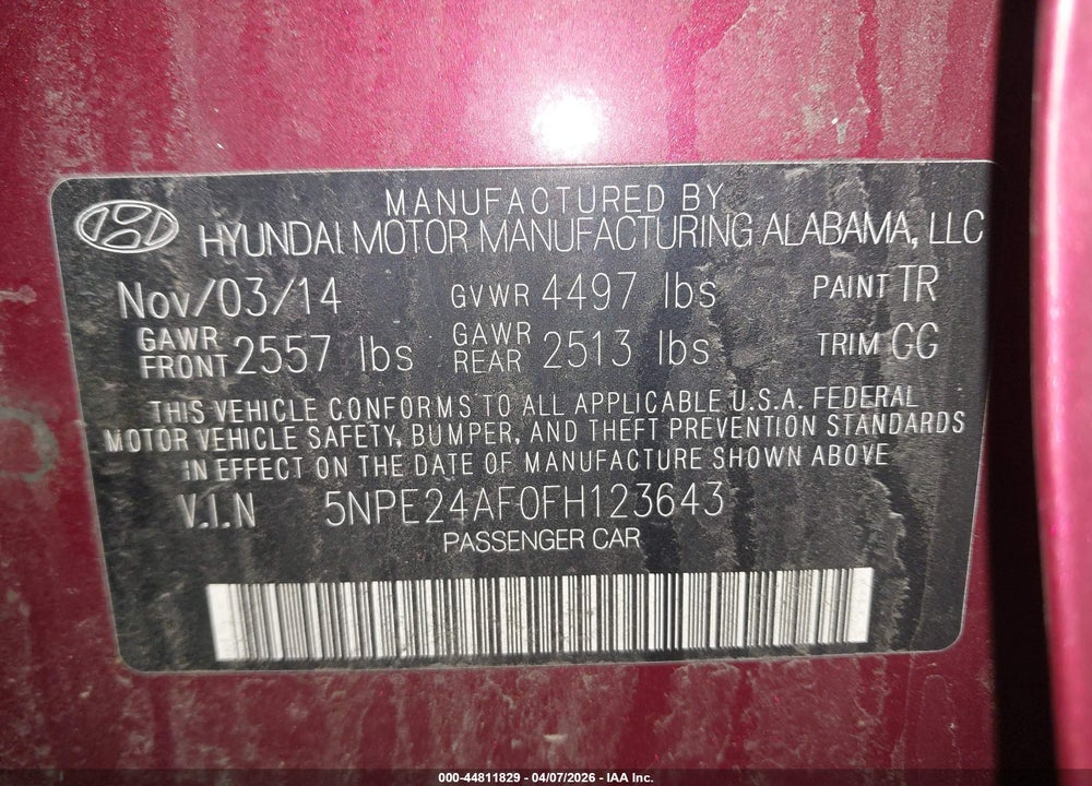2015 HYUNDAI SONATA SE VIN: 5NPE24AF0FH123643