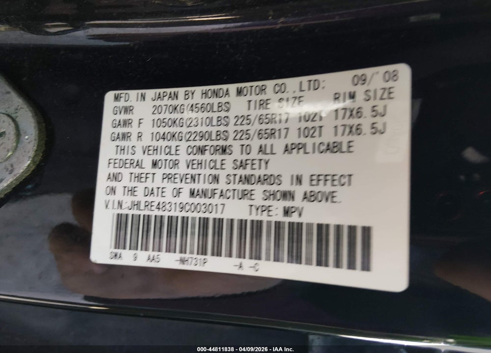 2009 HONDA CR-V LX VIN: JHLRE48319C003017