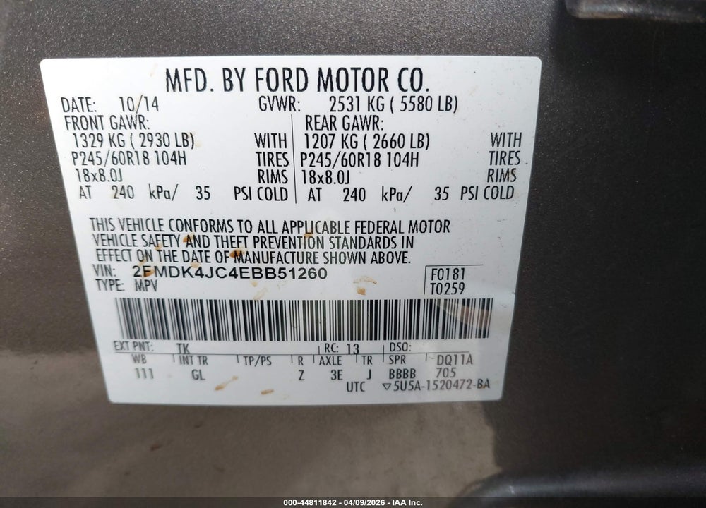2014 FORD EDGE SEL VIN: 2FMDK4JC4EBB51260