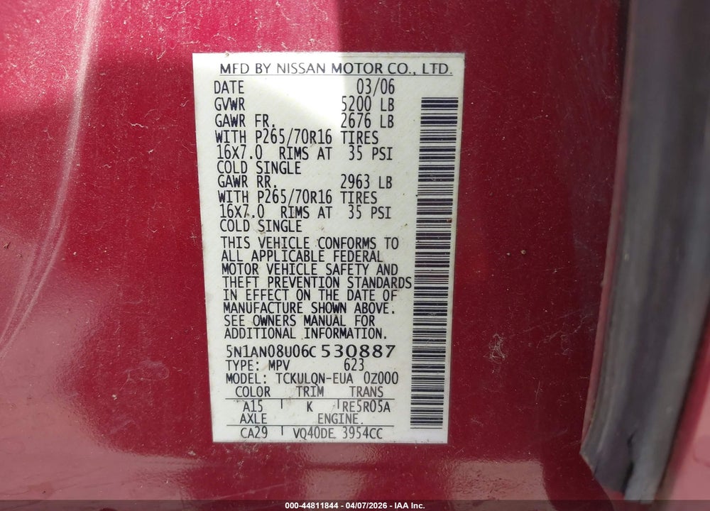 2006 NISSAN XTERRA X VIN: 5N1AN08U06C530887