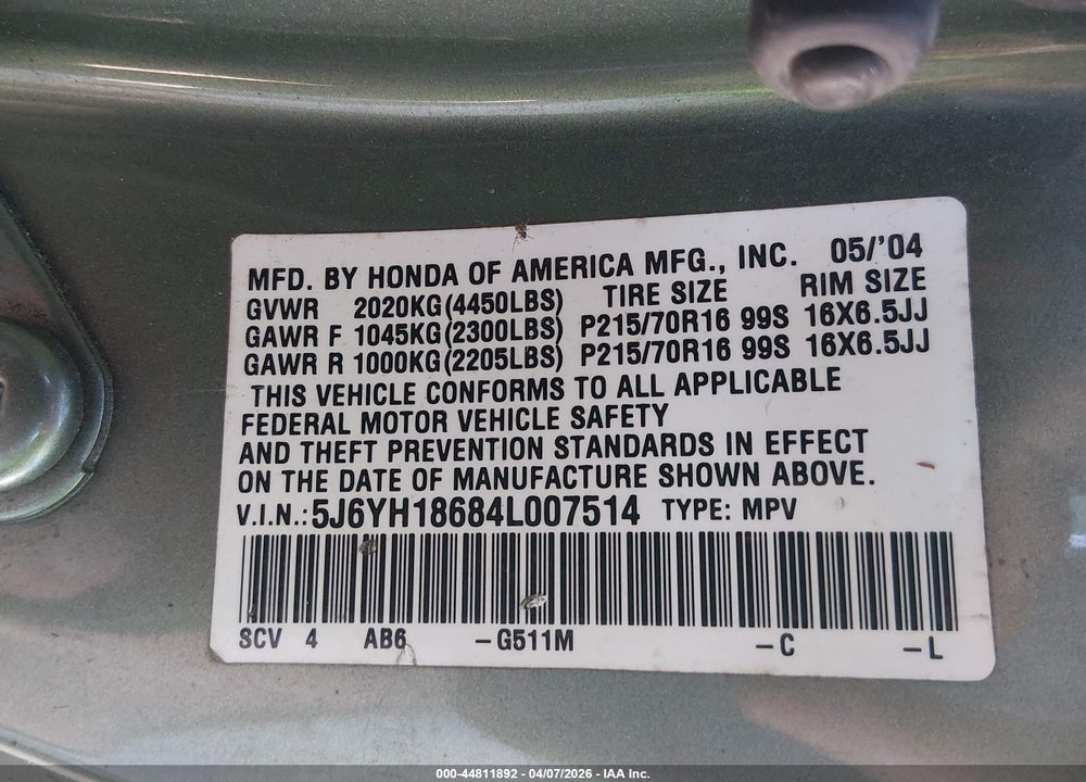 2004 HONDA ELEMENT EX VIN: 5J6YH18684L007514