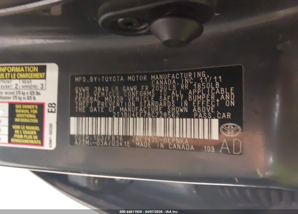 2011 TOYOTA COROLLA LE VIN: 2T1BU4EE7BC728562