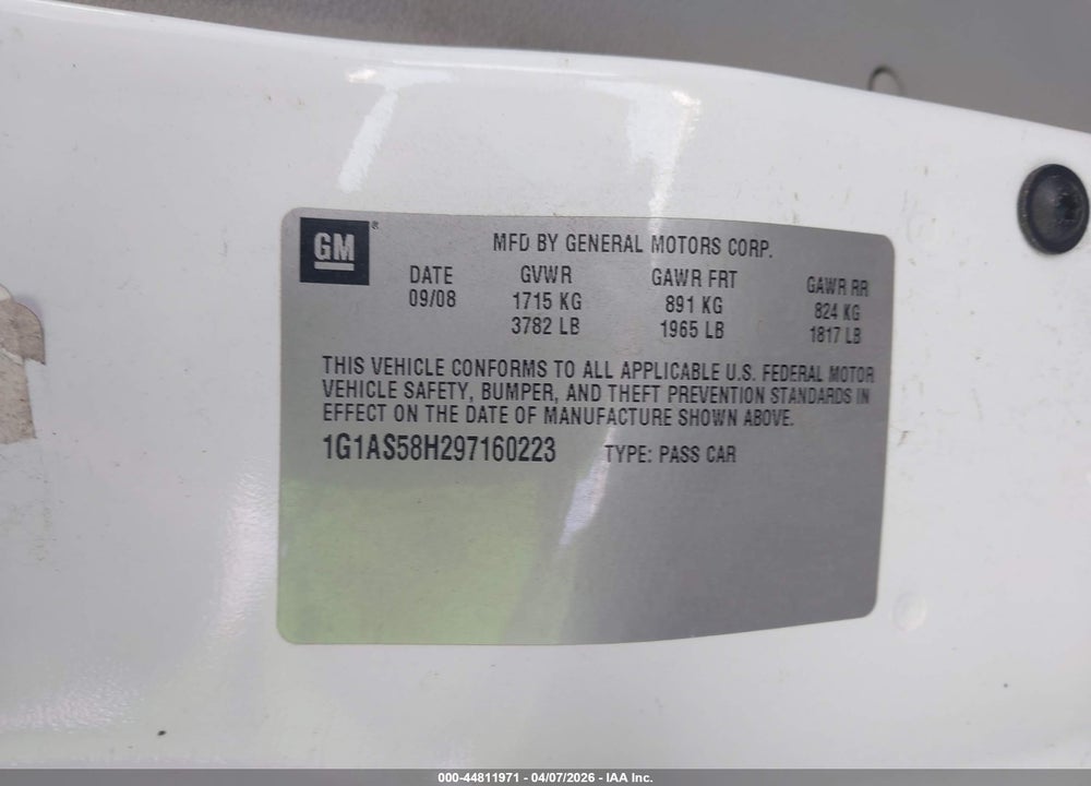 2009 CHEVROLET COBALT LS VIN: 1G1AS58H297160223