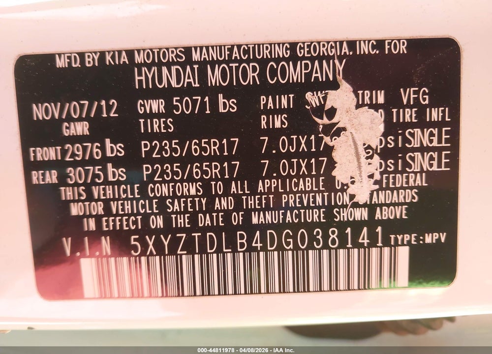 2013 HYUNDAI SANTA FE SPORT VIN: 5XYZTDLB4DG038141