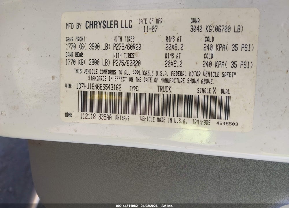 2008 DODGE RAM 1500 SLT VIN: 1D7HU18N68S543162