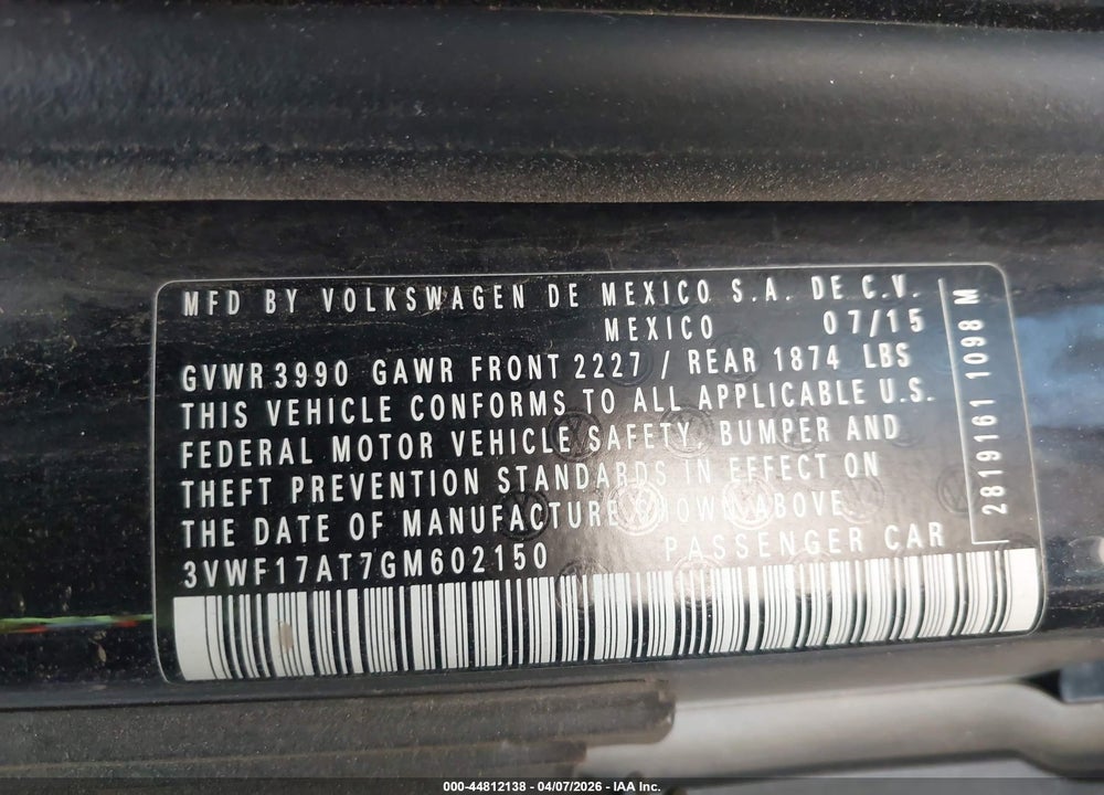 2016 VOLKSWAGEN BEETLE 1.8T FLEET EDITION VIN: 3VWF17AT7GM602150