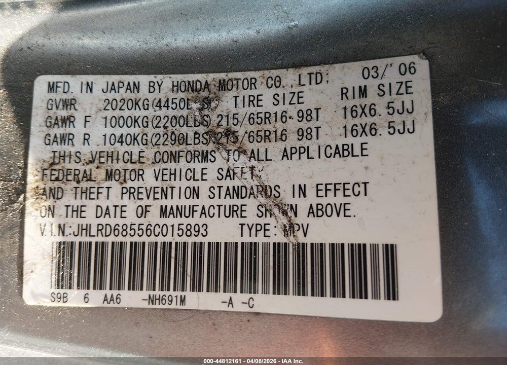 2006 HONDA CR-V LX VIN: JHLRD68556C015893