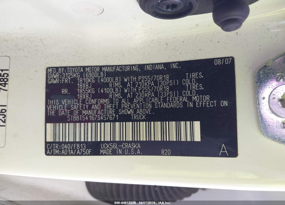 2007 TOYOTA TUNDRA SR5 4.7L V8 VIN: 5TBBT54167S457671