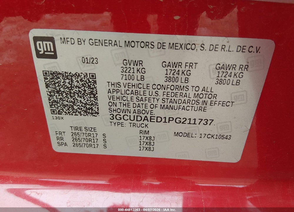 2023 CHEVROLET SILVERADO 1500 4WD  SHORT BED WT VIN: 3GCUDAED1PG211737