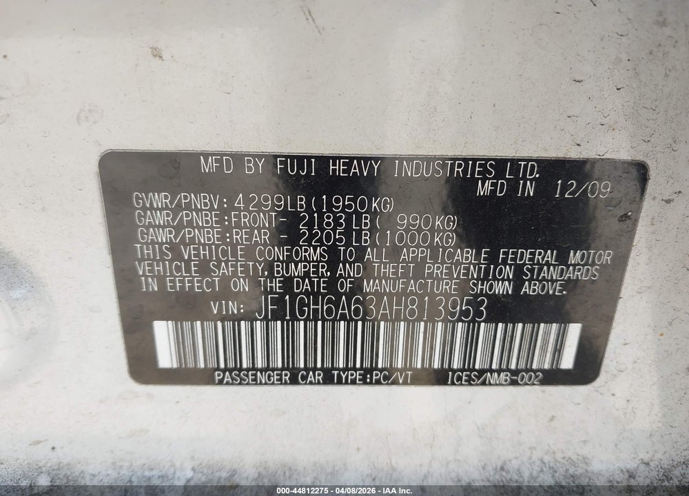 2010 SUBARU IMPREZA 2.5I VIN: JF1GH6A63AH813953
