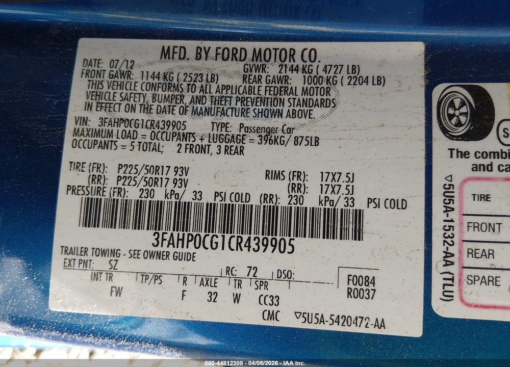 2012 FORD FUSION SEL VIN: 3FAHP0CG1CR439905