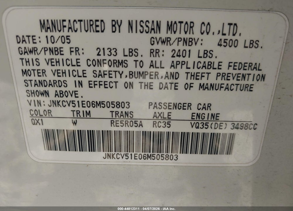 2006 INFINITI G35 VIN: JNKCV51E06M505803