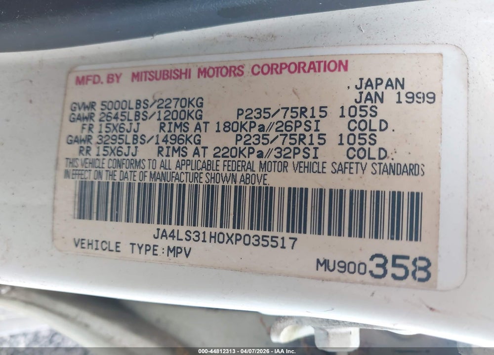 1999 MITSUBISHI MONTERO SPORT LS/XLS VIN: JA4LS31H0XP035517