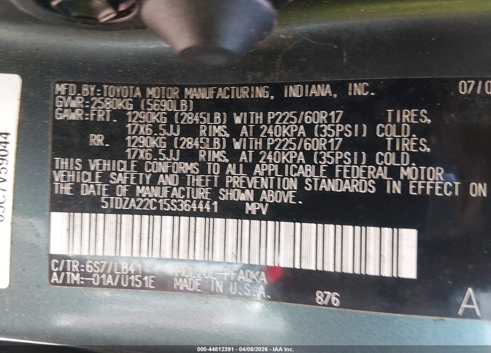 2005 TOYOTA SIENNA XLE/XLE LIMITED VIN: 5TDZA22C15S364441