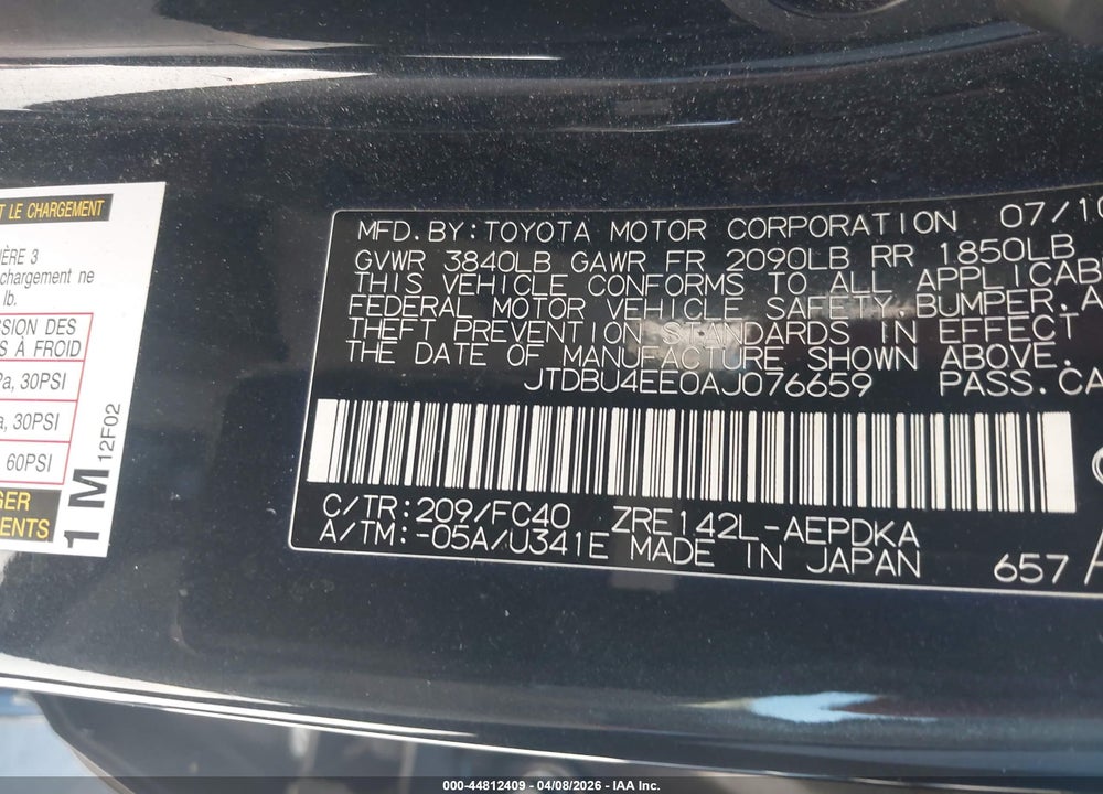 2010 TOYOTA COROLLA LE VIN: JTDBU4EE0AJ076659