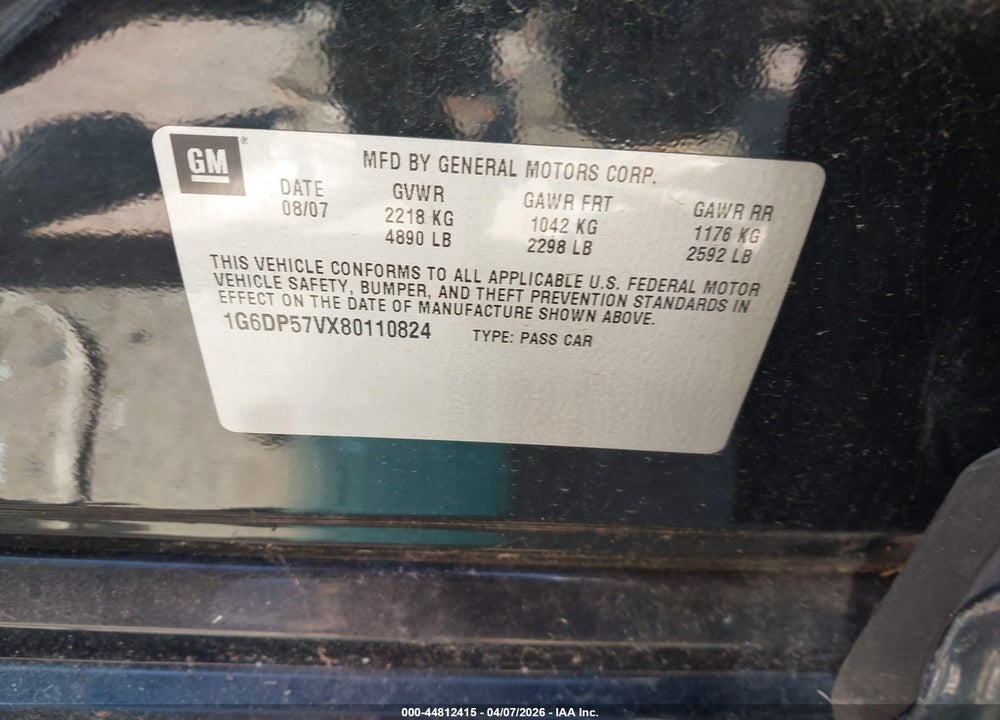 2008 CADILLAC CTS STANDARD VIN: 1G6DP57VX80110824