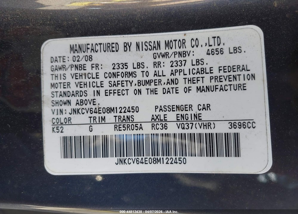 2008 INFINITI G37 JOURNEY VIN: JNKCV64E08M122450