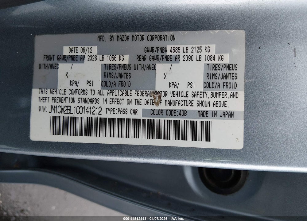 2012 MAZDA 5 SPORT VIN: JM1CW2BL1C0141212