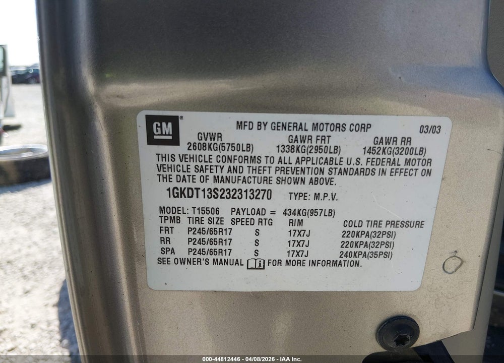 2003 GMC ENVOY SLT VIN: 1GKDT13S232313270