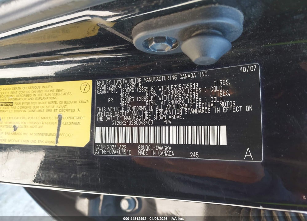 2008 LEXUS RX 350 VIN: 2T2GK31U28C048463