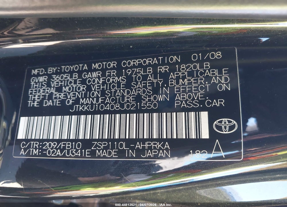 2008 SCION XD VIN: JTKKU10408J021550
