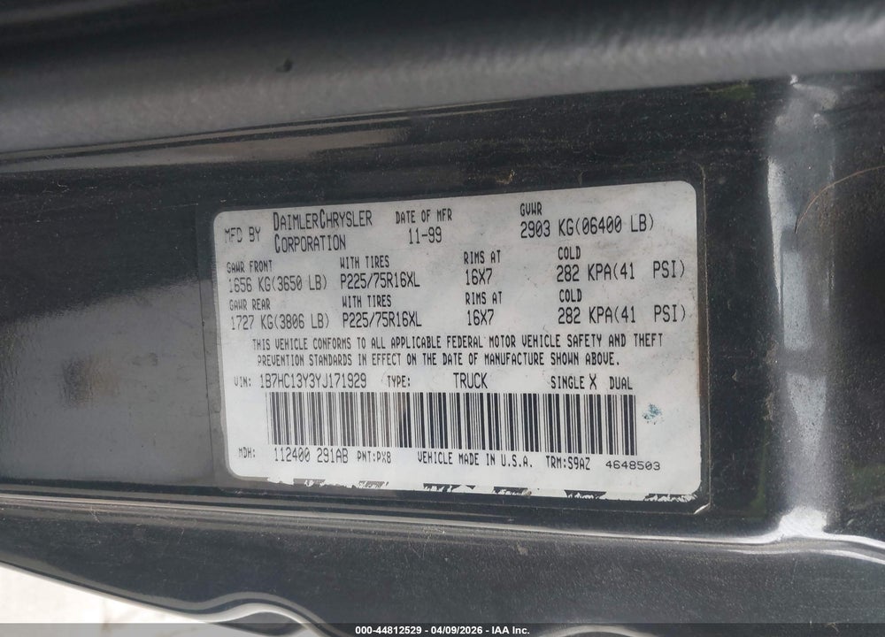 2000 DODGE RAM 1500 ST VIN: 1B7HC13Y3YJ171929