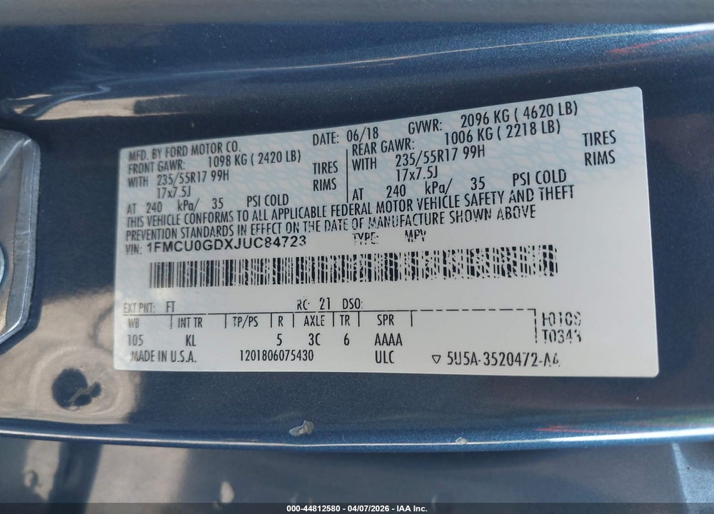 2018 FORD ESCAPE SE VIN: 1FMCU0GDXJUC84723