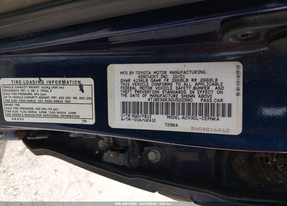 2002 TOYOTA CAMRY LE VIN: 4T1BE32K32U522980
