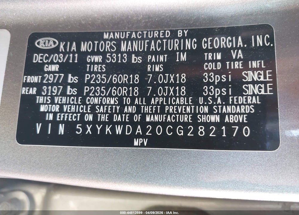2012 KIA SORENTO SX V6 VIN: 5XYKWDA20CG282170