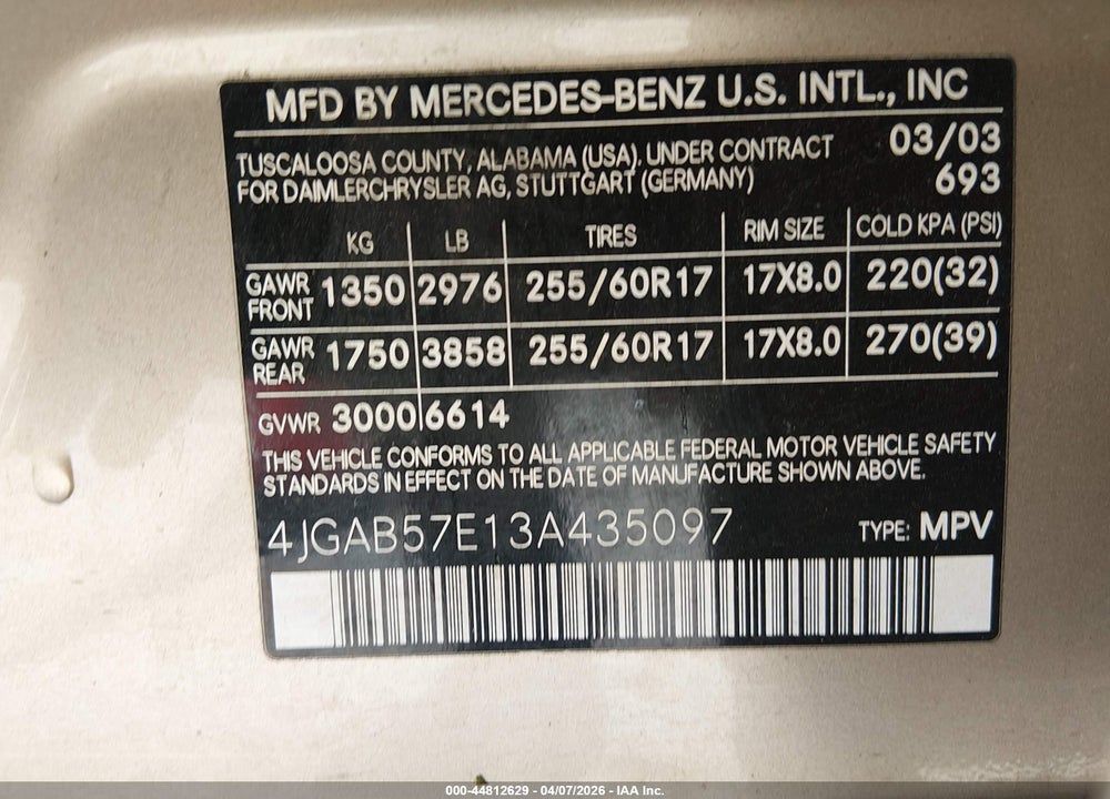 2003 MERCEDES-BENZ ML 350 VIN: 4JGAB57E13A435097