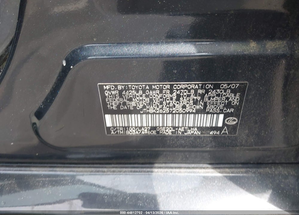 2007 LEXUS IS 250 VIN: JTHBK262572050994