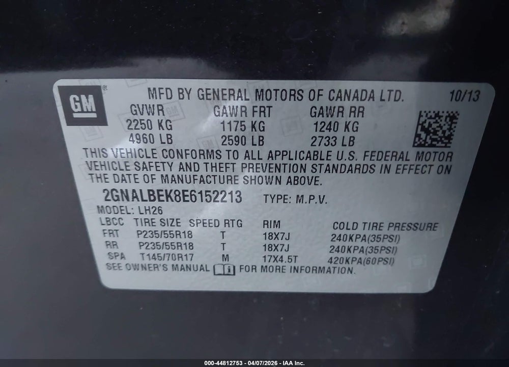 2014 CHEVROLET EQUINOX 1LT VIN: 2GNALBEK8E6152213