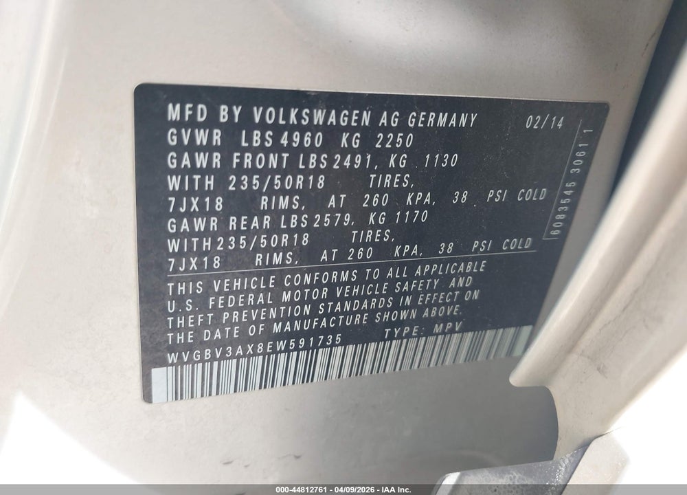 2014 VOLKSWAGEN TIGUAN SEL VIN: WVGBV3AX8EW591735