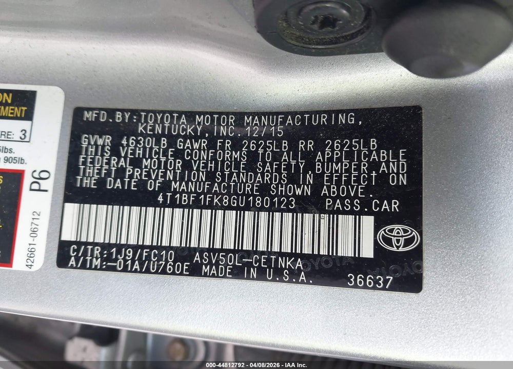 2016 TOYOTA CAMRY LE VIN: 4T1BF1FK8GU180123