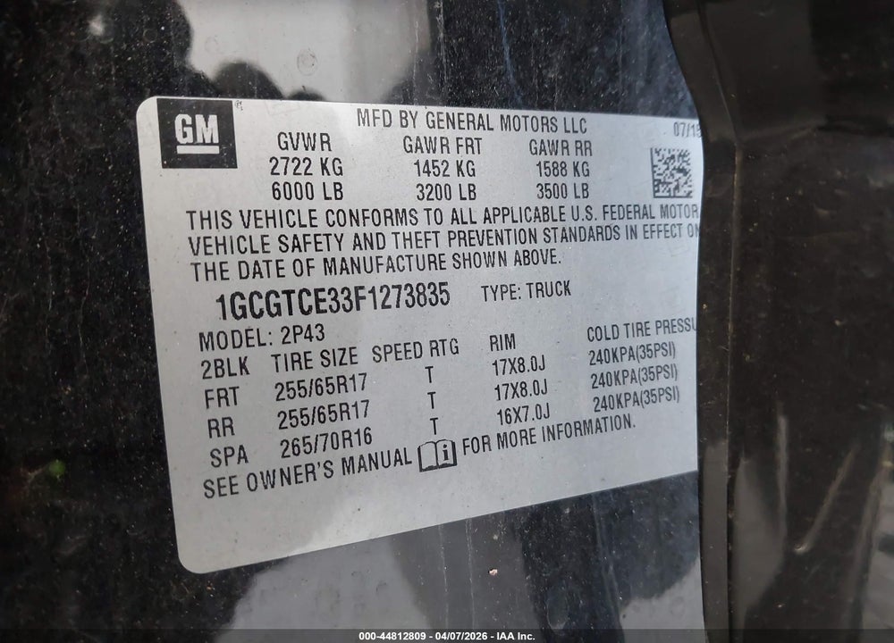 2015 CHEVROLET COLORADO Z71 VIN: 1GCGTCE33F1273835