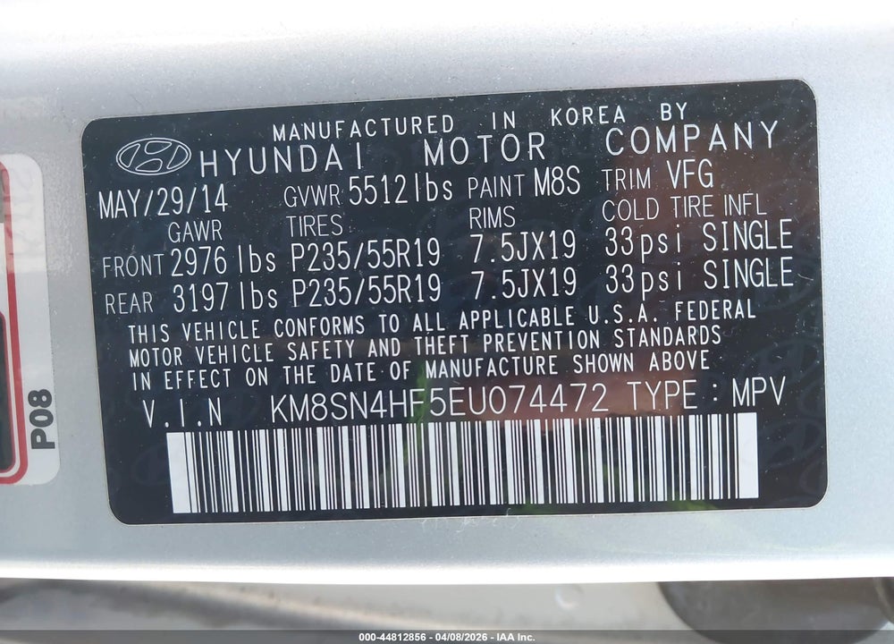2014 HYUNDAI SANTA FE GLS VIN: KM8SN4HF5EU074472