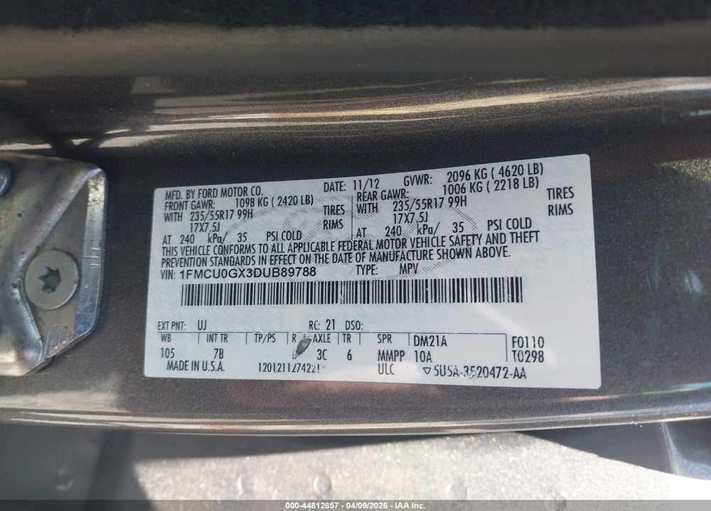 2013 FORD ESCAPE SE VIN: 1FMCU0GX3DUB89788