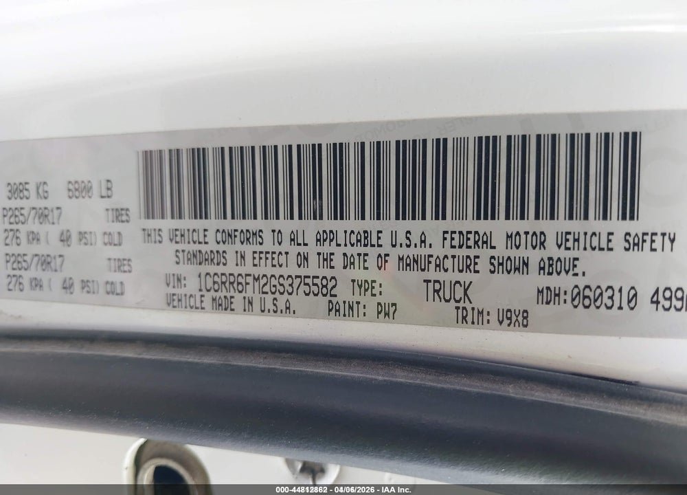 2016 RAM 1500 TRADESMAN VIN: 1C6RR6FM2GS375582
