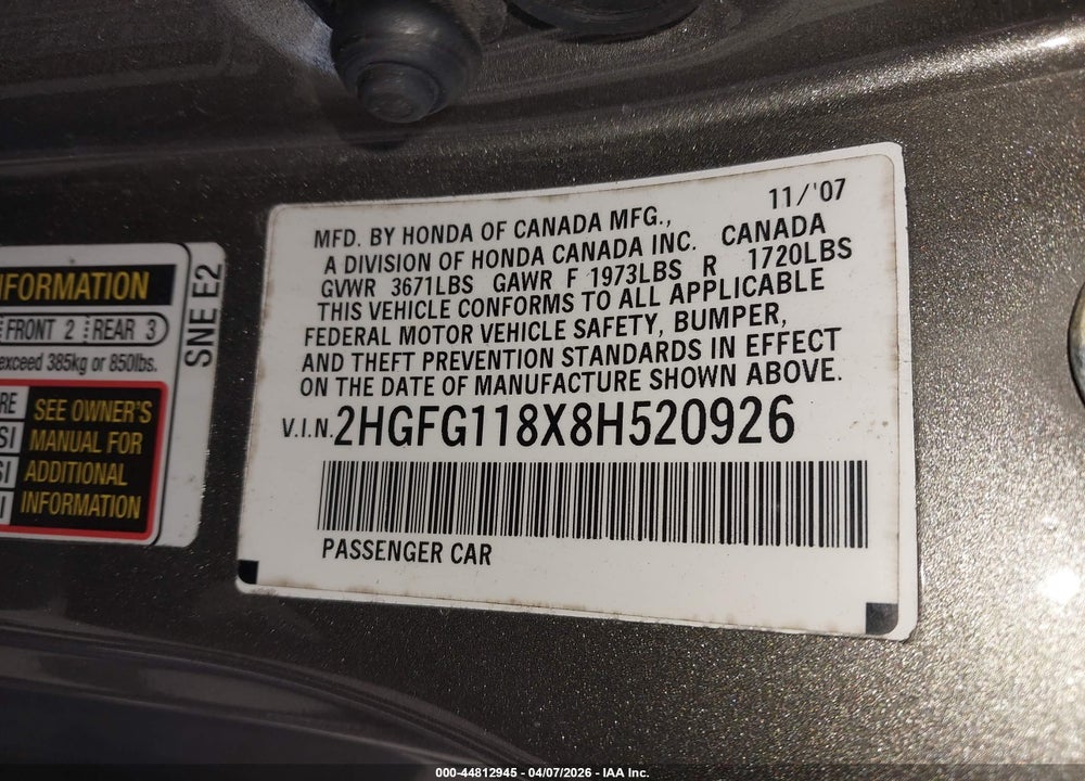 2008 HONDA CIVIC EX VIN: 2HGFG118X8H520926