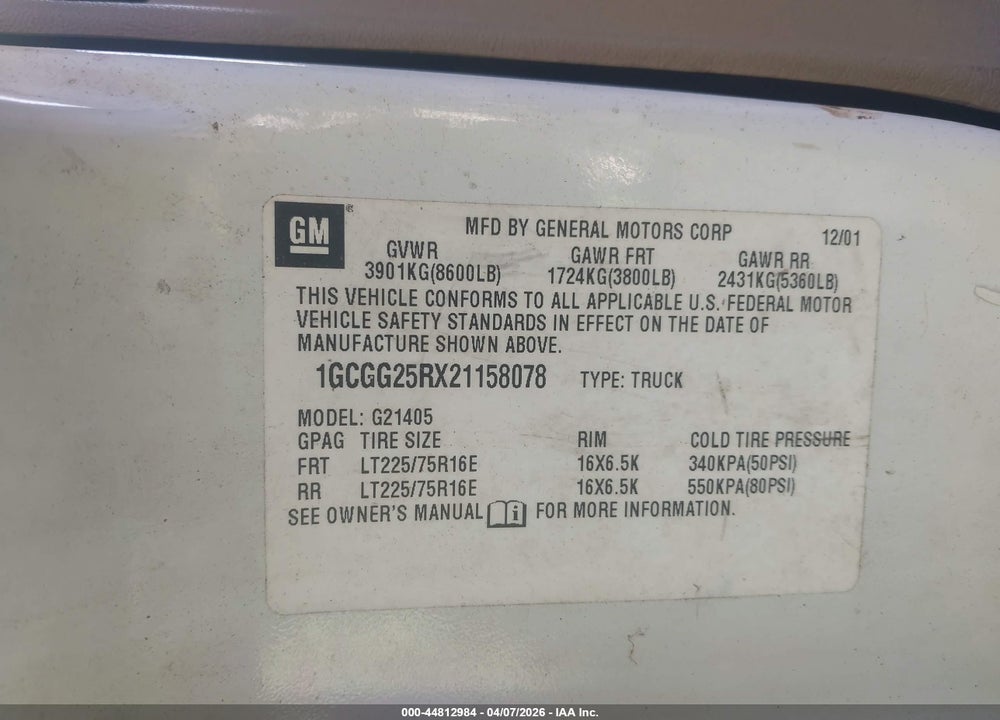 2002 CHEVROLET EXPRESS VIN: 1GCGG25RX21158078