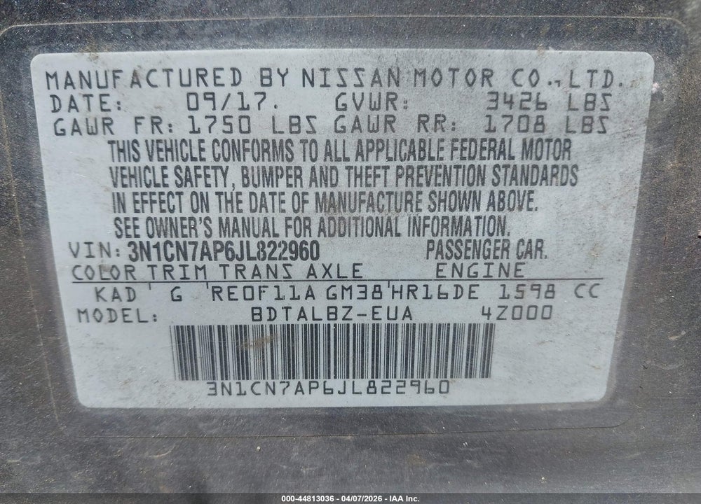 2018 NISSAN VERSA 1.6 SV VIN: 3N1CN7AP6JL822960